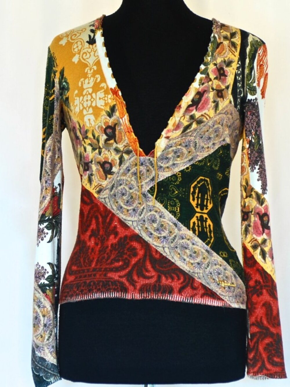 Roberto Cavalli Patterned V-Neck Top With Laced Neckline - Italy